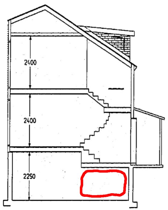 Korsskiss av hus från 50-talet med röd markerad källardel för planerad golvrenovering och takhöjdsökning, takhöjd angiven.