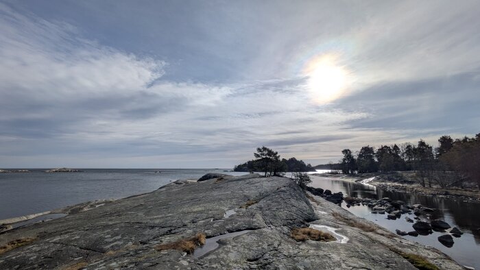 Klippor vid havet med solig himmel, träd i bakgrunden och en liten vattensamling mellan klipporna.