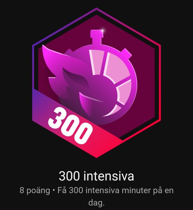 Merkurskärm med symbol för stoppur, lila och rosa ton, text "300", vilket indikerar 300 intensiva minuter, mot en svart bakgrund.