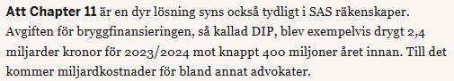 Text om kostnader för Chapter 11, där SAS exemplet visar 2,4 miljarder kronor i DIP avgifter för 2023/2024 jämfört med 400 miljoner året innan.