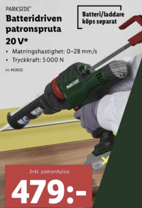 Batteridriven patronspruta från Parkside, 20V, med matningshastighet 0-28 mm/s och tryckkraft 5000 N, pris 479 kr.