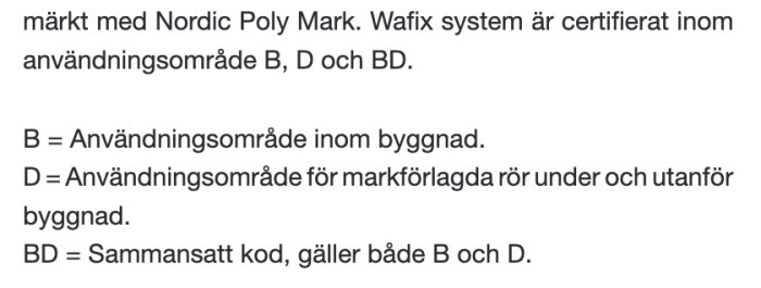 Text från manual om Wafix systems certifiering inom användningsområden B, D, BD, kopplat till byggnads- och markrör.