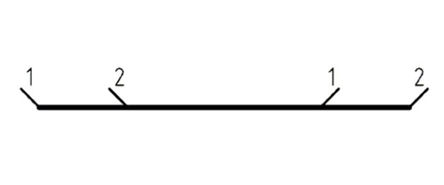 Diagram med streckad linje och numrerade punkter 1 och 2 som visar ankarkrokar för ribbade eller släta stänger inom byggteknik.