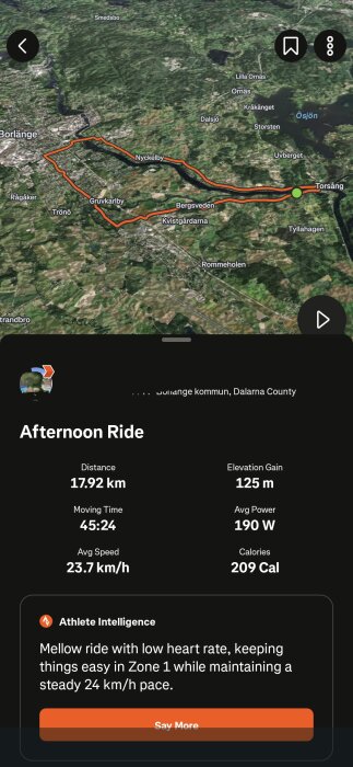 Karta över en cykelrunda i Borlänge, Sverige, med statistik som distans 17,92 km, elevation 125 m, medelhastighet 23,7 km/h och förbrända 209 kalorier.
