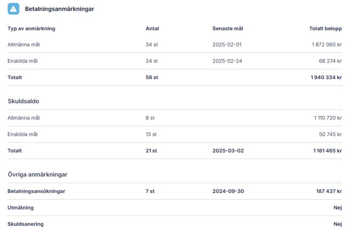 Bild med betalningsanmärkningar, totalt 58 mål och skuldsaldo på 1,161,465 kr, med betalningsansökningar och ingen skuldsanering.