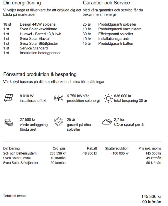 Offertrapport för Svea Solar med energilösning, garantier och serviceinformation samt förväntad produktion, besparing och kostnad för ett solcellspaket.