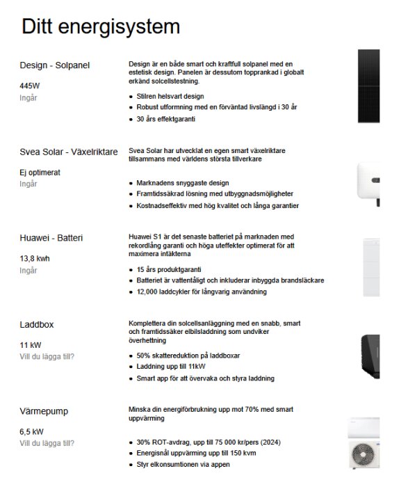 Offert från Svea Solar som beskriver solpanel, växelriktare, Huawei-batteri, laddbox och värmepump, med effekt, garantier och tillval.