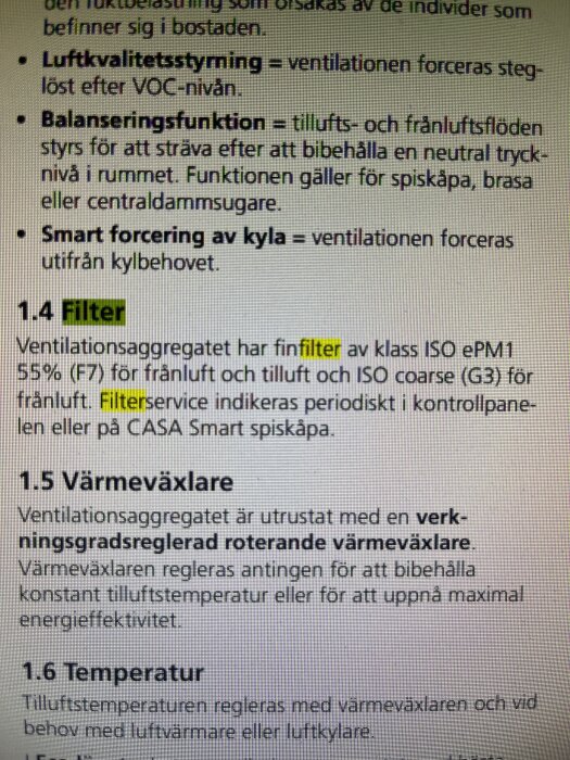 Utdrag ur manual med text om F7 filter och värmeväxlare för ventilationsaggregat.