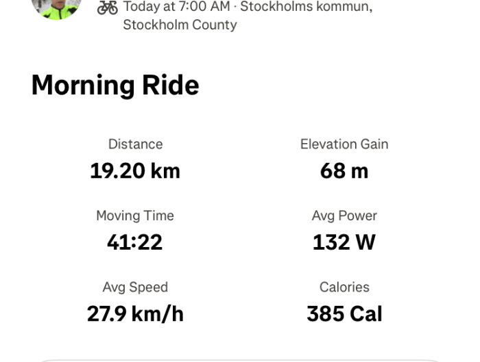 Cykeltur på morgonen i Stockholm: 19,2 km, 68 m höjd, 41:22 tid, 27,9 km/h snitt, 132 W kraft, 385 kcal förbrända.