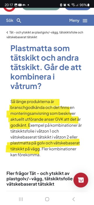 Skärmbild av en artikel om plastmatta och tätskikt i våtrum med text som diskuterar branschgodkända tätskiktsprodukter och kombinationer.