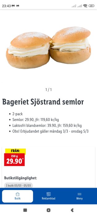 Bageriet Sjöstrand semlor, 2-pack, erbjudande 29.90 kr, gällande 03/03-05/03.