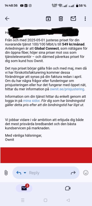 Ett e-postmeddelande från Ownit om prishöjning för bredbandstjänst från 100/100 Mbit/s till 549 kr/månad från maj 2025.