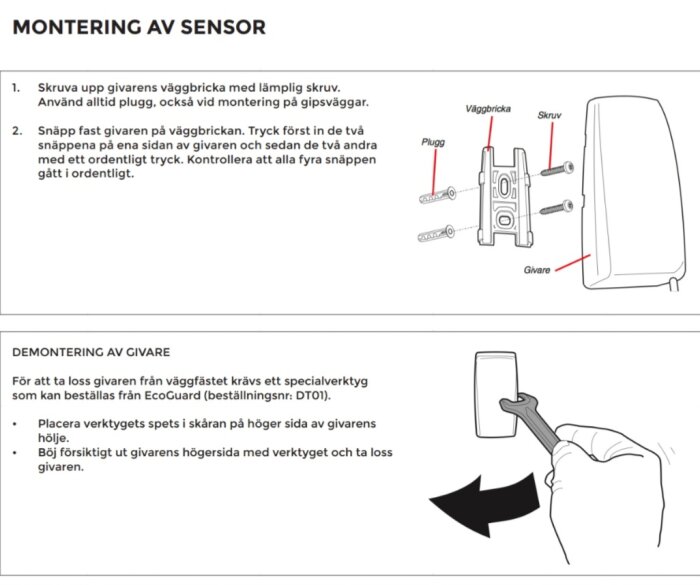 Illustration av monterings- och demonteringsinstruktioner för Ecoguard-givare med vägghållare och specialverktyg.