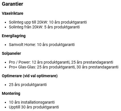 Garantivillkor för växelriktare, energilagring, solpaneler, optimerare och montering, inklusive specifika garantiperioder för varje komponent.