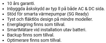 Lista med funktioner och garantier för solenergiutrustning, inklusive åskskydd, stöd för värmepumpar, energilagring och smartmätare.