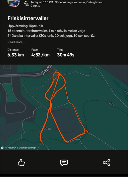 Löpningspass med Friskisintervaller visas på en karta, distans 6,33 km, tempo 4:52/km, tid 30m 49s, i Söderköpings kommun, Östergötland.