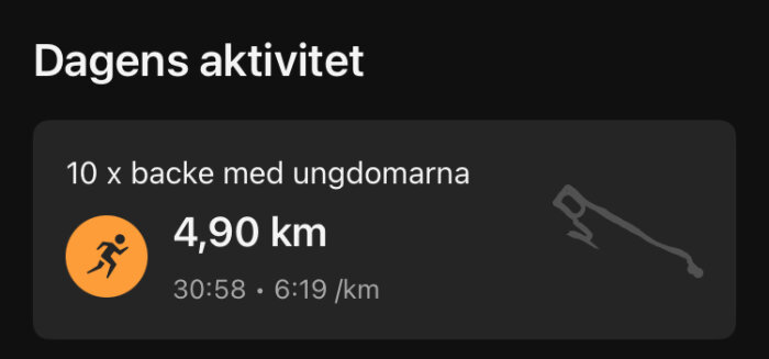 Träningspass med ungdomar: 10 gånger uppför backe, totalt 4,90 km på 30 minuter och 58 sekunder, med en snitthastighet på 6:19 min/km.