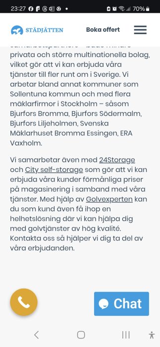 Skärmdump av text från Städjätten, beskriver deras samarbeten med mäklarfirmor och företag som 24Storage och City self-storage.