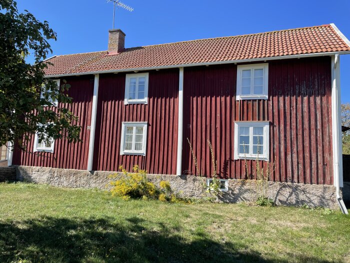 Rött hus med vita fönster och tegeltak på en kalkstensgrund, omgiven av grönska, fotograferat på Öland en solig dag.