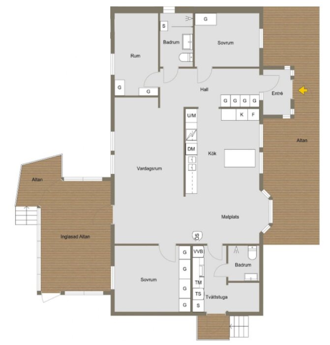 Planritning av hus med entré, sovrum, kontor, vardagsrum, kök, tvättstuga, två badrum, och två altaner.