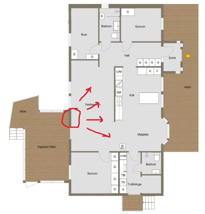 Planritning över ett hus med markerat område i vardagsrummet. Pilar visar luftflödets riktning från utblåset mot olika delar av rummet.