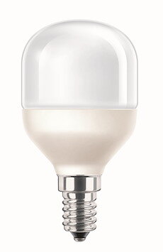 Lågenergilampa med rund, vit kupol och metallisk sockel.