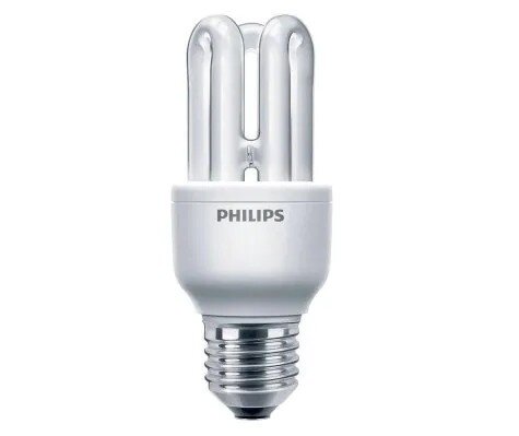 Lågenergilampa av spiraldesign med skruvbas, märkt Philips.