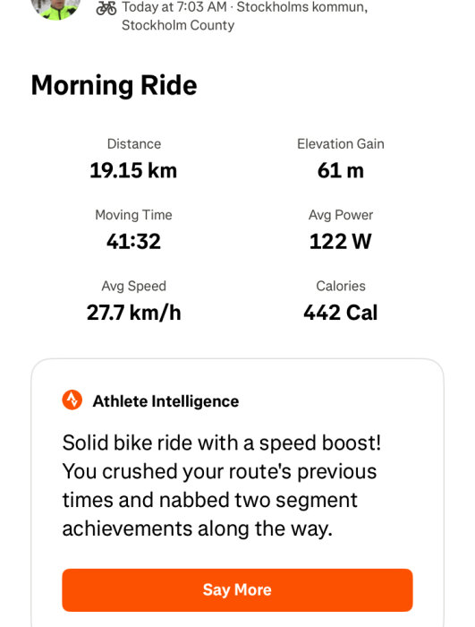 Bild av en cykelutflykt med detaljer: distans 19,15 km, höjdförlust 61 m, tid 41:32, medelhastighet 27,7 km/h, kalorier 442, återkoppling från Athlete Intelligence.