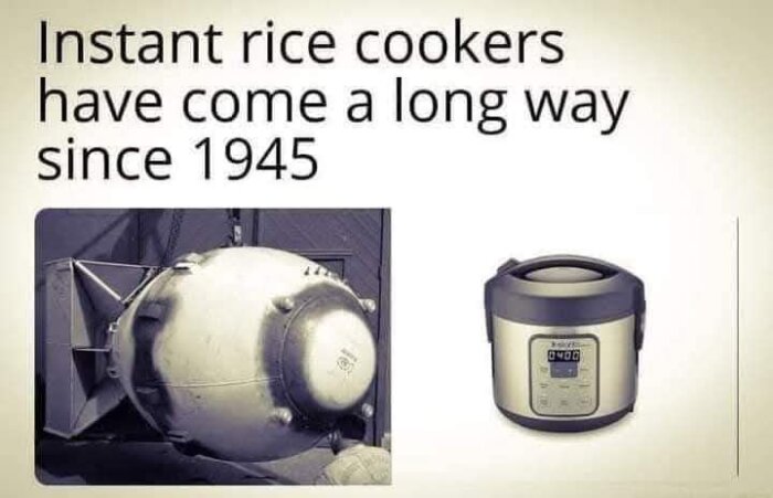 Text: "Instant rice cookers have come a long way since 1945." Bild visar en gammal enhet jämte en modern riskokare.