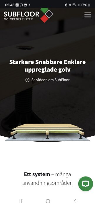 Webbsida som visar SubFloor Golvregelsystem med texten "Starkare Snabbare Enklare uppreglade golv" och bild av ett uppreglat golv.