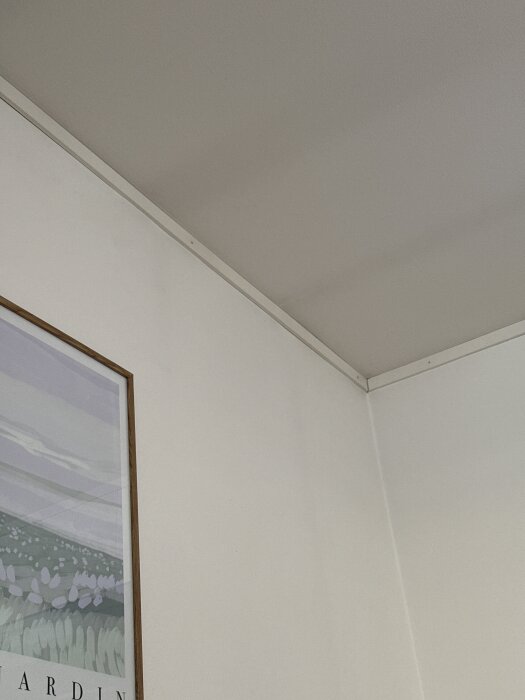 En hörna av ett rum i ett tegelhus med vita väggar och tak. Möjlig missfärgning syns på väggen. Framed art på vänster vägg.