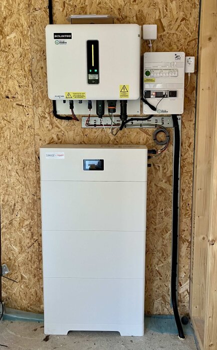 Solcellsbatteri och styrenhet installerade på en trävägg, med kablar anslutna.