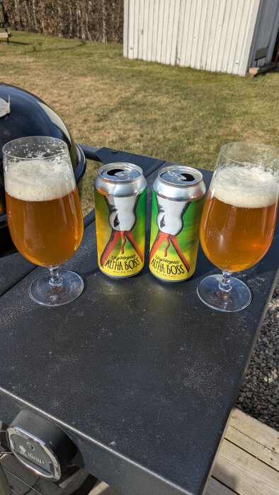 Två glas öl och burkar med Stigbergets Alpha Boss WCIPA på ett bord i en trädgård.