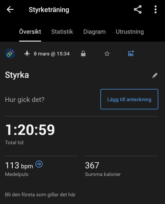 Skärmbild av styrketräningspass med total tid 1:20:59, medelpuls 113 bpm och kaloriförbrukning 367.