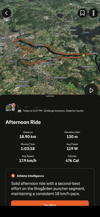 Karta över cykelrutt i Borlänge med statistik: 18,90 km, 1:03:18 tid, 17,9 km/h hastighet, 130 m höjd, 119 W effekt, 476 kcal brända.