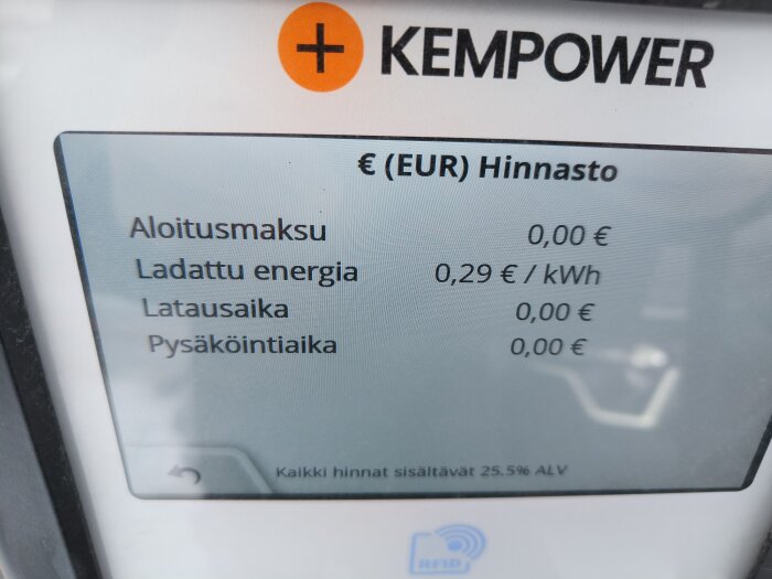 Skärm med laddningspriser från Kempower, visar 0,29 €/kWh och inga andra avgifter.