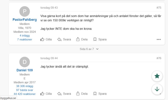 Diskussion på ett byggforum där användare PastorFahlberg och Daniel 109 debatterar om kostnaden för fönsteranmärkningar.