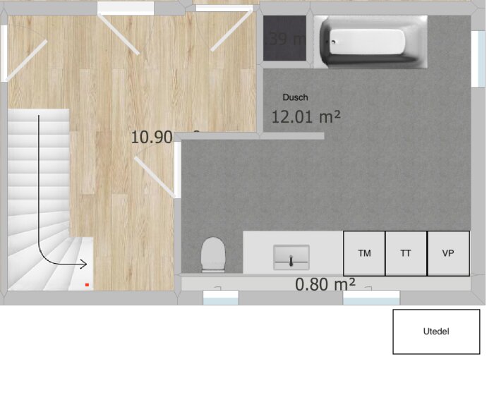 Planritning av badrum med dusch, handfat, toalett och installationsvägg markerad, samt trappa och små källarfönster, visar rumsplacering och mått.