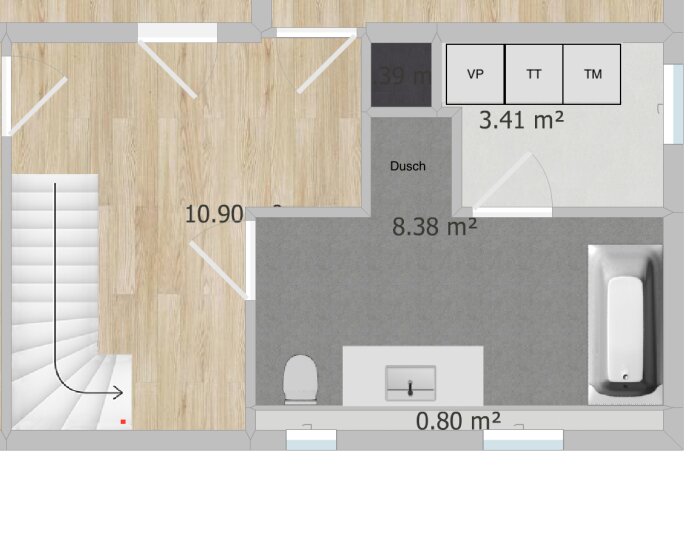 Planlösning med markerat område för VP, TT och TM samt dusch och toalett i ett rum på 8.38 m², trappa och angränsande rum.