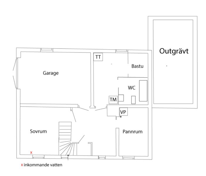 Planlösning för garage, sovrum, bastu och pannrum som ska bli badrum/tvättstuga/pannrum. Inkommande vatten markerat.