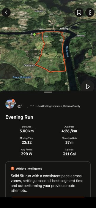 Karta över en löprunda i Borlänge, Dalarna, visar en 5 km rutt med data: 22:12 min, 4:26/km, 37 m höjdstigning, 311 kalorier.
