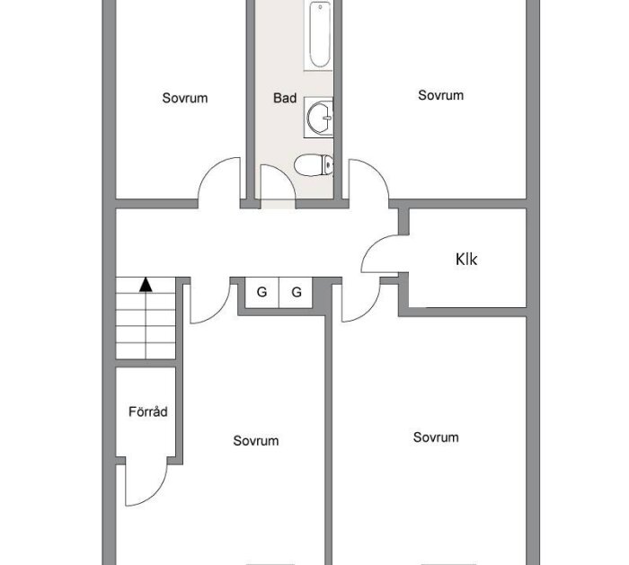 Planritning av ett radhus på övre våningsplan med olika rum markerade, inklusive badrum och sovrum.