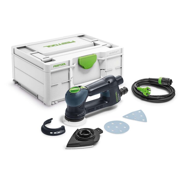 Festool slipmaskin med tillbehör och förvaringslåda, modeller ETSC II och Rotex 90, inklusive sladd och sliprondeller ligger på ett bord.
