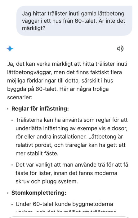 En textdiskussion om trälister i lättbetongväggar i hus från 60-talet, med förklaringar om infästning och byggmetoder.