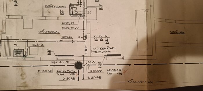 Källarplan av villa med fjärrvärmesystem och specificerade rör, inklusive vattenmätaranordning och markering på radiatorplacering i ritning.