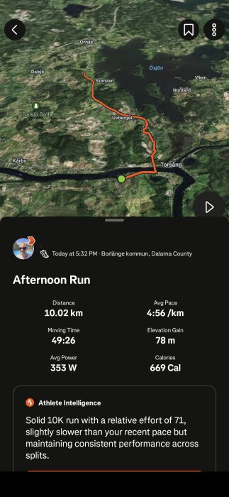 Karta över löprunda i Dalarna, visar distans 10,02 km, tid 49:26, höjdökning 78 m, snittfart 4:56/km, kalorier 669, körd genom områden som Ornäs och Torsång.