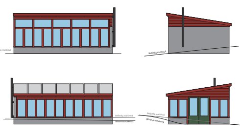 Skiss av ett växthus byggt med gamla fönster, utan skorsten, på betongsula med 50 cm mur. Visar olika sidor med taklutning och fönster.