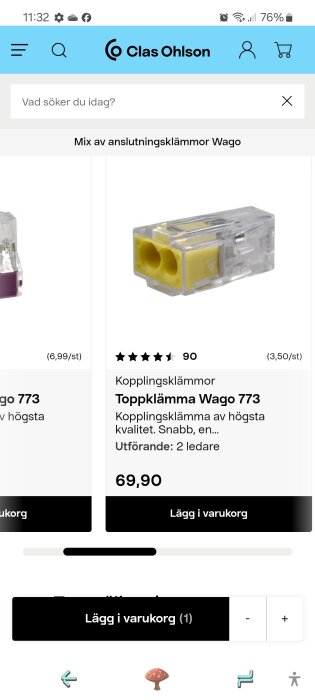 Produktbild av kopplingsklämmor från Clas Ohlson med texten "Kopplingsklämmor Topphål Wago 773" och priset 69,90.