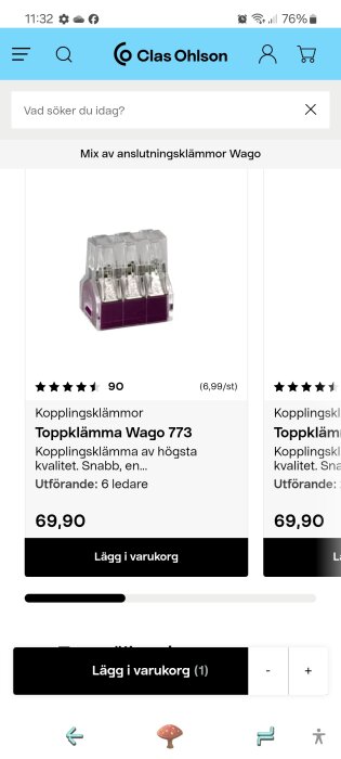 Bild av en produkt från Clas Ohlson: Kopplingsklämmor Wago 773, 6-ledare, pris 69,90 SEK, med hög recension.