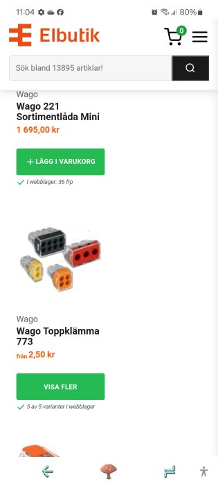 Skärmbild av Elbutik webshop med Wago kopplingsklämmor till salu, inklusive Wago 221 sortimentlåda och Wago toppklämma 773.